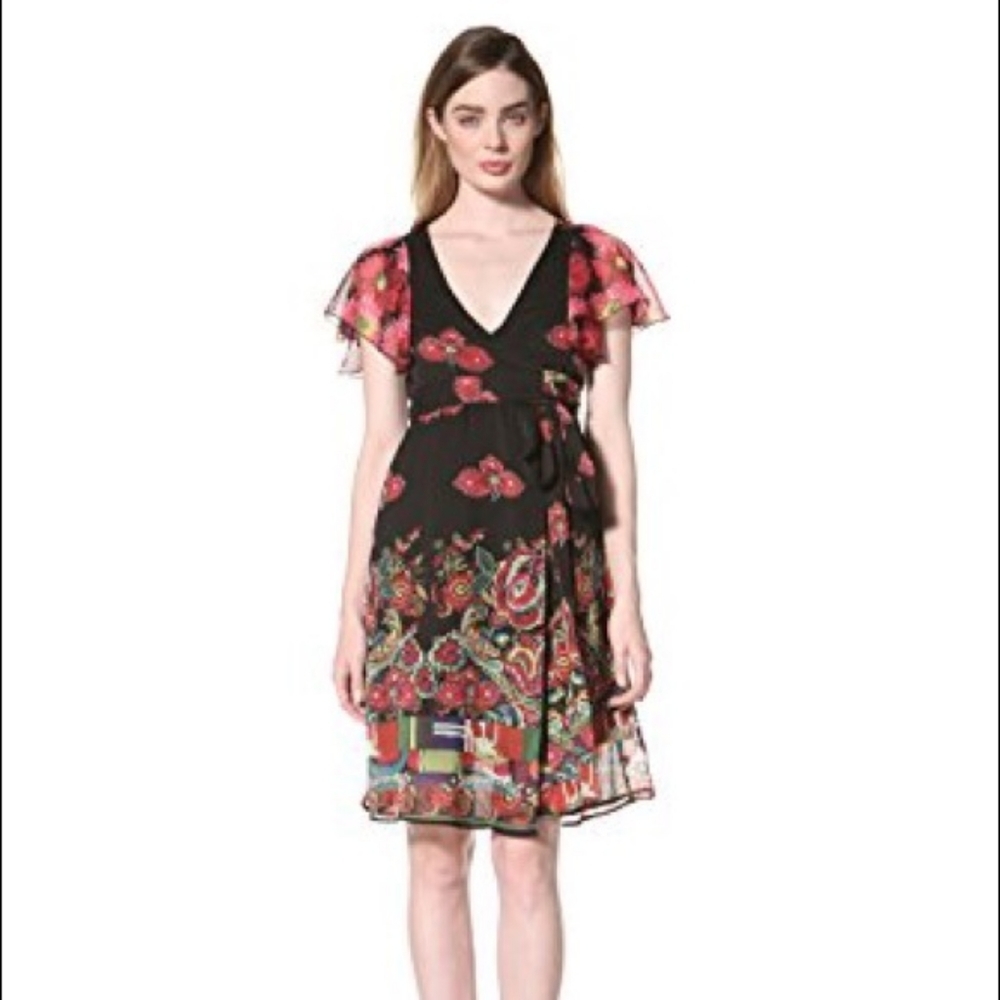 Desigual Vest Juliette Flutter Sleeve Wrap Dress Floral size 38